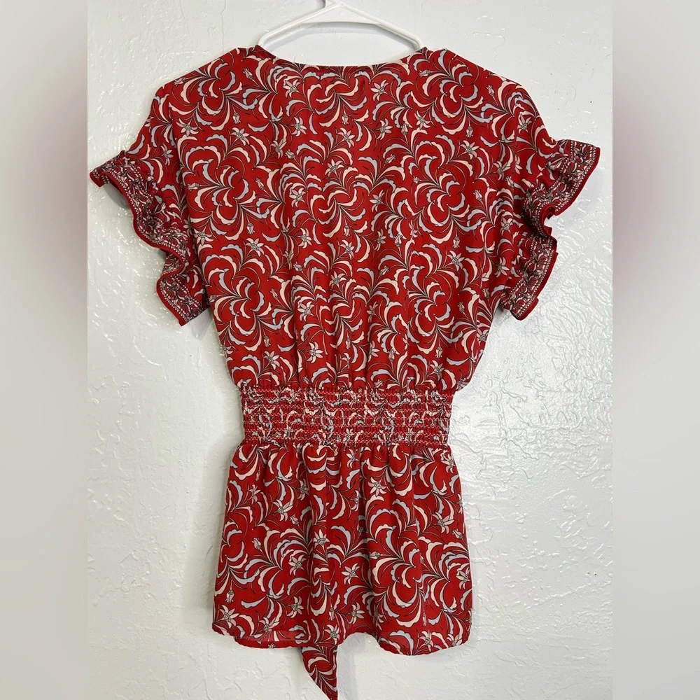 Max Studio Red Print Short-Sleeve Blouse, peplum,floral, fairycore - Picture 5 of 5
